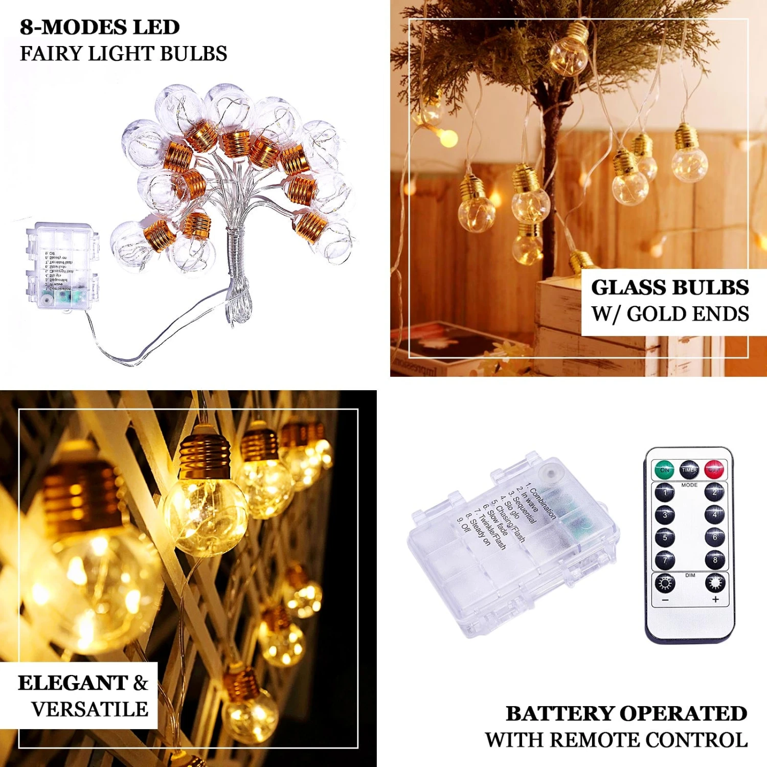 13ft Warm White Indoor 8-Mode Dimmable Fairy Light Bulb String Lights, Remote Operated LEDs With 10 Gold Base Clear Bulbs 2 13ft Warm White Indoor 8-Mode Dimmable Fairy Light Bulb String Lights, Remote Operated LEDs With 10 Gold Base Clear Bulbs - Image 2