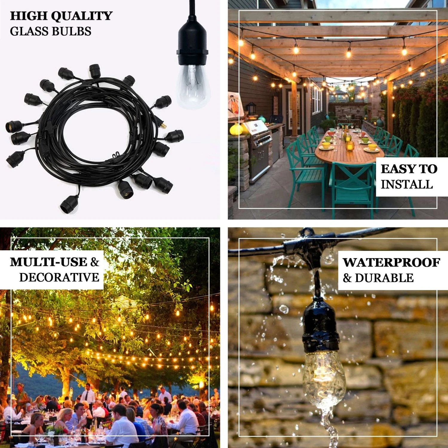 48ft Warm White Connectable Hanging Outdoor Or Indoor String Lights, Waterproof 120V With 18 Incandescent Glass Light Bulbs 2 48ft Warm White Connectable Hanging Outdoor Or Indoor String Lights, Waterproof 120V With 18 Incandescent Glass Light Bulbs - Image 2