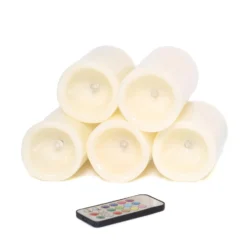 Set Of 5 | Ivory Flickering Flameless LED Pillar Candles, Color Changing Battery Operated Candles With Remote - 4", 5", 6" 12 Set Of 5 | Ivory Flickering Flameless LED Pillar Candles, Color Changing Battery Operated Candles With Remote - 4", 5", 6" -Home Decor Promotional Store LED CAND PL001 SET1 IVR D17