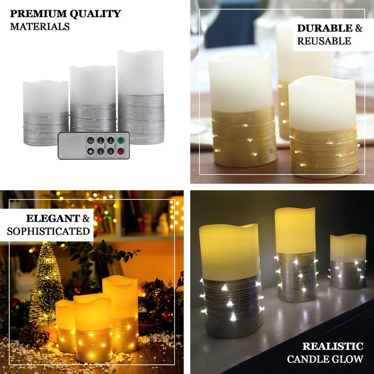 Set Of 3 | Flameless LED Remote Operated Pillar Candles Wrapped With Fairy String Lights, Battery Powered - 4", 5", 6" 2 Set Of 3 | Flameless LED Remote Operated Pillar Candles Wrapped With Fairy String Lights, Battery Powered - 4", 5", 6" - Image 2