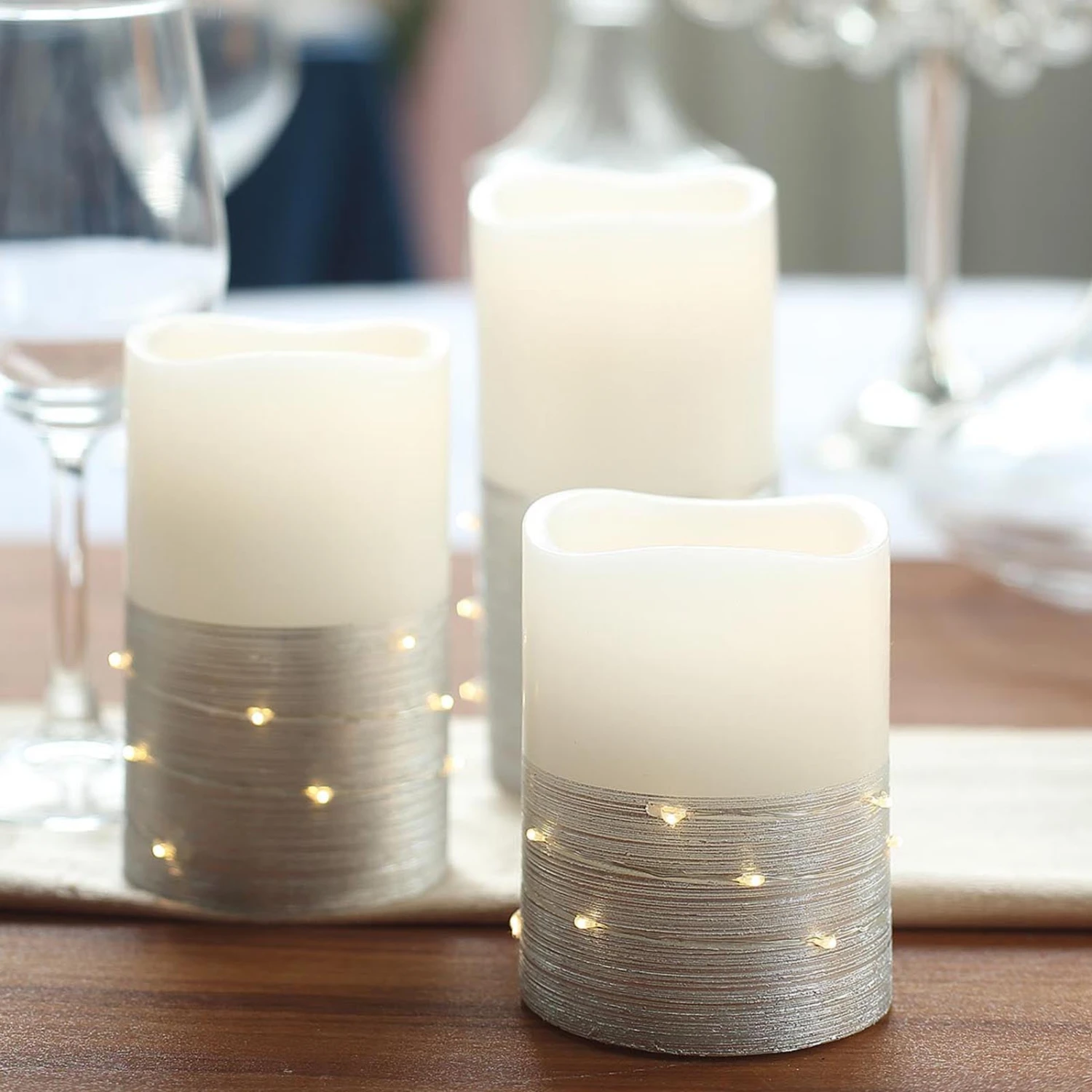 Set Of 3 | Flameless LED Remote Operated Pillar Candles Wrapped With Fairy String Lights, Battery Powered - 4", 5", 6" 5 Set Of 3 | Flameless LED Remote Operated Pillar Candles Wrapped With Fairy String Lights, Battery Powered - 4", 5", 6" - Image 5