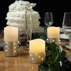 Set Of 3 | Flameless LED Remote Operated Pillar Candles Wrapped With Fairy String Lights, Battery Powered - 4", 5", 6" 24 Set Of 3 | Flameless LED Remote Operated Pillar Candles Wrapped With Fairy String Lights, Battery Powered - 4", 5", 6" -Home Decor Promotional Store LED CAND PL04 SILV 01