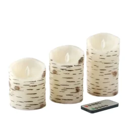 Set Of 3 | Warm White Flameless Flicker LED Fireplace Pillar Candles, Burnt Birch Bark Design Battery Operated Candles With Remote Control -Home Decor Promotional Store LED CAND PL07 SET NAT 99