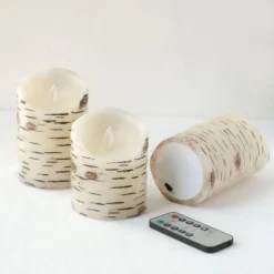 Set Of 3 | Warm White Flameless Flicker LED Fireplace Pillar Candles, Burnt Birch Bark Design Battery Operated Candles With Remote Control -Home Decor Promotional Store LED CAND PL07 SET NAT D01