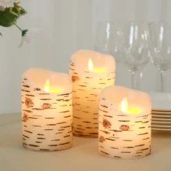 Set Of 3 | Warm White Flameless Flicker LED Fireplace Pillar Candles, Burnt Birch Bark Design Battery Operated Candles With Remote Control