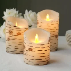 Set Of 3 | Warm White Flameless Flicker LED Fireplace Pillar Candles, Burnt Birch Bark Design Battery Operated Candles With Remote Control -Home Decor Promotional Store LED CAND PL07 SET NAT D04