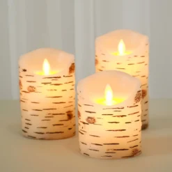 Set Of 3 | Warm White Flameless Flicker LED Fireplace Pillar Candles, Burnt Birch Bark Design Battery Operated Candles With Remote Control -Home Decor Promotional Store LED CAND PL07 SET NAT 01