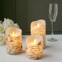 Set Of 3 | Warm White Flameless Flicker LED Fireplace Pillar Candles, Burnt Birch Bark Design Battery Operated Candles With Remote Control -Home Decor Promotional Store LED CAND PL07 SET NAT 02