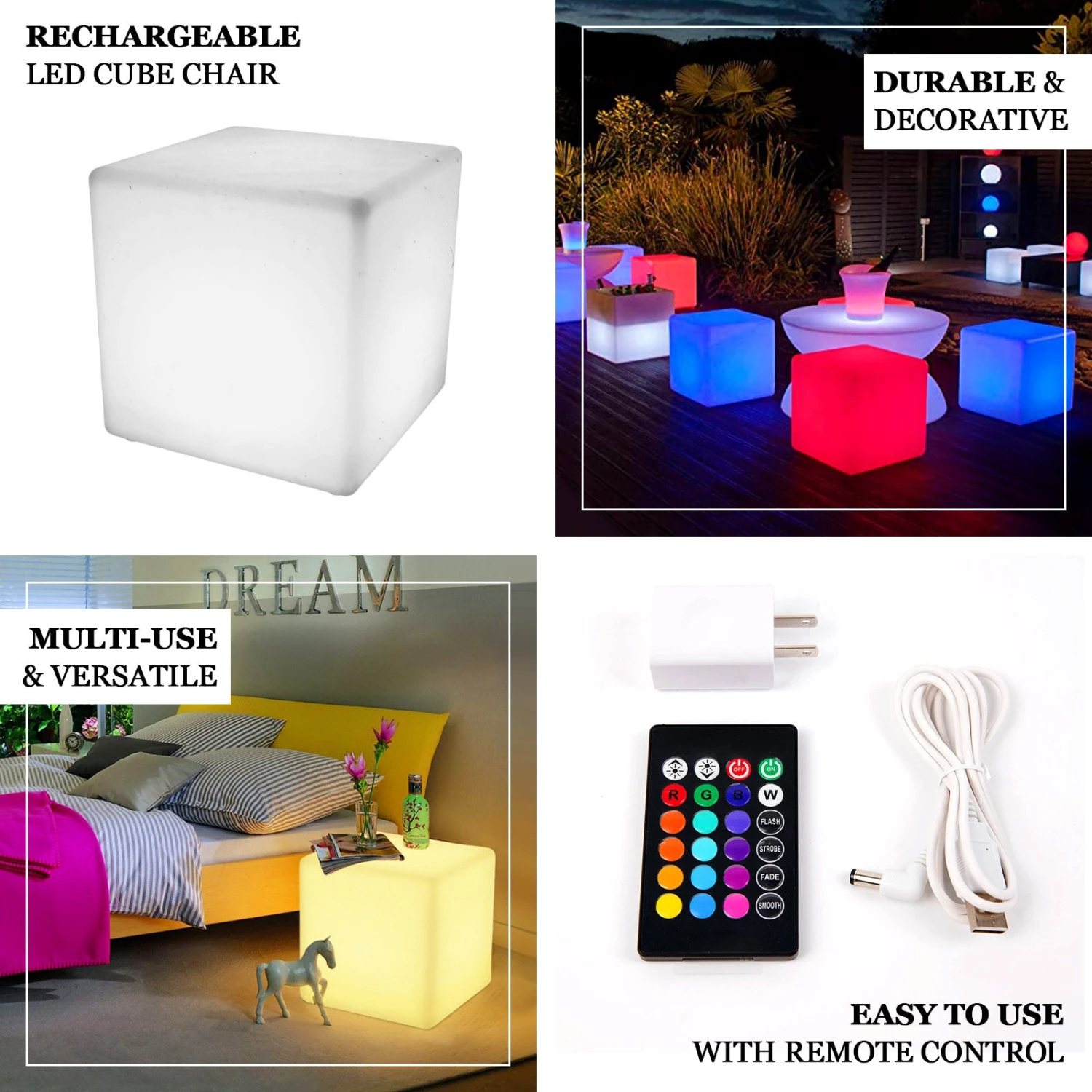 15.5" Color Changing Cordless LED Light Up Cube Table Stool, Rechargeable Waterproof Illuminated Furniture 2 15.5" Color Changing Cordless LED Light Up Cube Table Stool, Rechargeable Waterproof Illuminated Furniture - Image 2