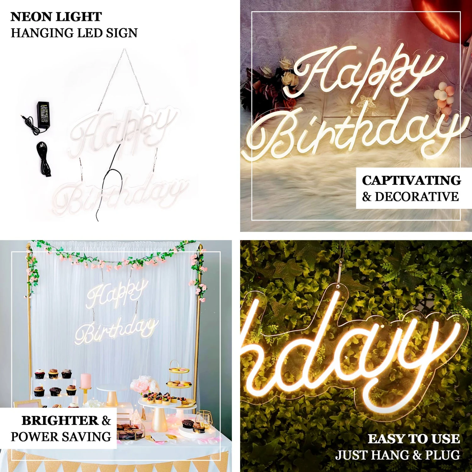 32" Happy Birthday Neon Light Sign, LED Reusable Wall Décor Lights With 5ft Hanging Chain 2 32" Happy Birthday Neon Light Sign, LED Reusable Wall Décor Lights With 5ft Hanging Chain - Image 2