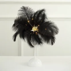 15" LED Ostrich Feather Table Lamp Desk Light, Battery Operated Cordless Living Room/Bedroom Centerpiece -Home Decor Promotional Store LED OST02 S BLK D02