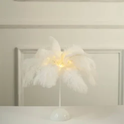 15" LED Ostrich Feather Table Lamp Desk Light, Battery Operated Cordless Living Room/Bedroom Centerpiece -Home Decor Promotional Store LED OST02 S WHT D02