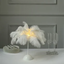 15" LED Ostrich Feather Table Lamp Desk Light, Battery Operated Cordless Living Room/Bedroom Centerpiece -Home Decor Promotional Store LED OST02 S WHT D05