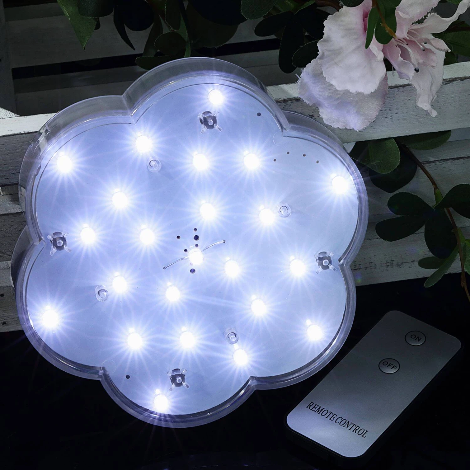 4 Pack | 6" Flower Shaped White 23 LED Disc Lights With Remote, DIY Centerpiece Accent Light 4 4 Pack | 6" Flower Shaped White 23 LED Disc Lights With Remote, DIY Centerpiece Accent Light - Image 4