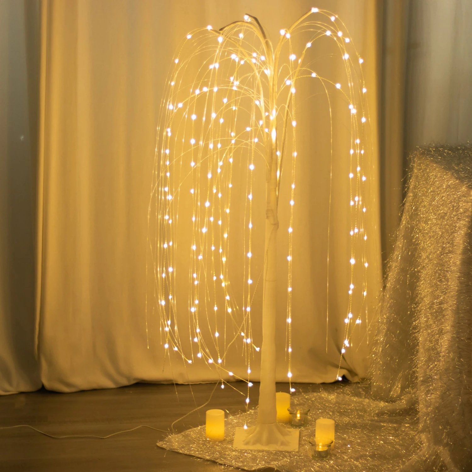 4ft Warm White 180 LED Fairy Lighted Artificial Weeping Willow Tree With Plug-in Adapter, White Tabletop Tree Centerpiece 12 4ft Warm White 180 LED Fairy Lighted Artificial Weeping Willow Tree With Plug-in Adapter, White Tabletop Tree Centerpiece - Image 12