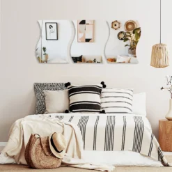 4 Pack Wave Glass Mirror Table Centerpiece, Hanging Wall Decor 12"