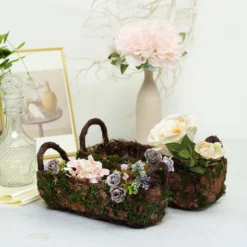 Set Of 2 | Rustic Log Shaped Preserved Moss Planter Boxes, Flower Baskets With Handle - 13", 15"