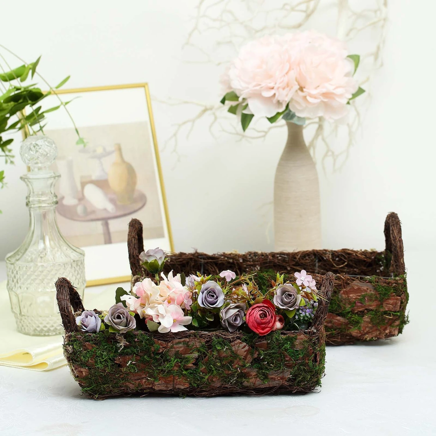 Set Of 2 | Rustic Log Shaped Preserved Moss Planter Boxes, Flower Baskets With Handle - 13", 15" 4 Set Of 2 | Rustic Log Shaped Preserved Moss Planter Boxes, Flower Baskets With Handle - 13", 15" - Image 4