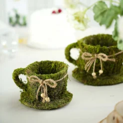 Set Of 2 | Green Teacup Preserved Moss With Twine Planter Boxes, Flower Baskets - 5", 4"