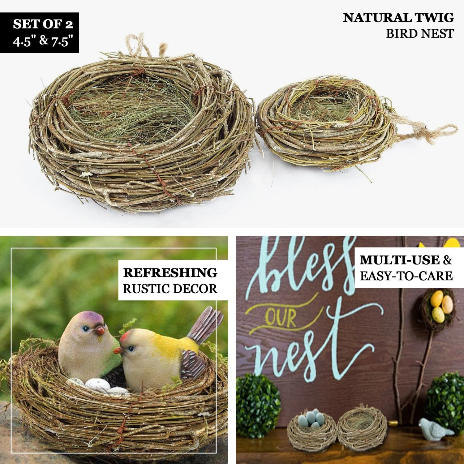 Set Of 2 | Natural Preserved Twig Bird Nest Planter Boxes, Flower Baskets - 4.5", 7.5" 2 Set Of 2 | Natural Preserved Twig Bird Nest Planter Boxes, Flower Baskets - 4.5", 7.5" - Image 2