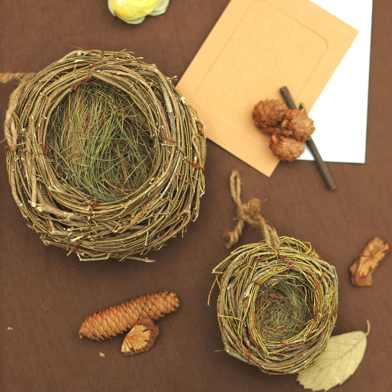 Set Of 2 | Natural Preserved Twig Bird Nest Planter Boxes, Flower Baskets - 4.5", 7.5" 1 Set Of 2 | Natural Preserved Twig Bird Nest Planter Boxes, Flower Baskets - 4.5", 7.5"