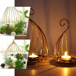 Set Of 3 | Gold Metal Hanging Wrought Iron Candle Holder Stands, Bird Cage Style Centerpieces -Home Decor Promotional Store PKW 71rQ
