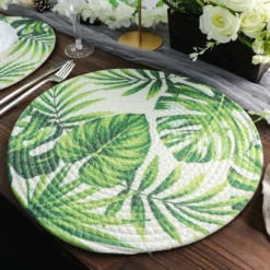 4 Pack Green Tropical Leaf Woven Cotton Table Placemats, Indoor/Outdoor Braided Dining Placemats 15" Round
