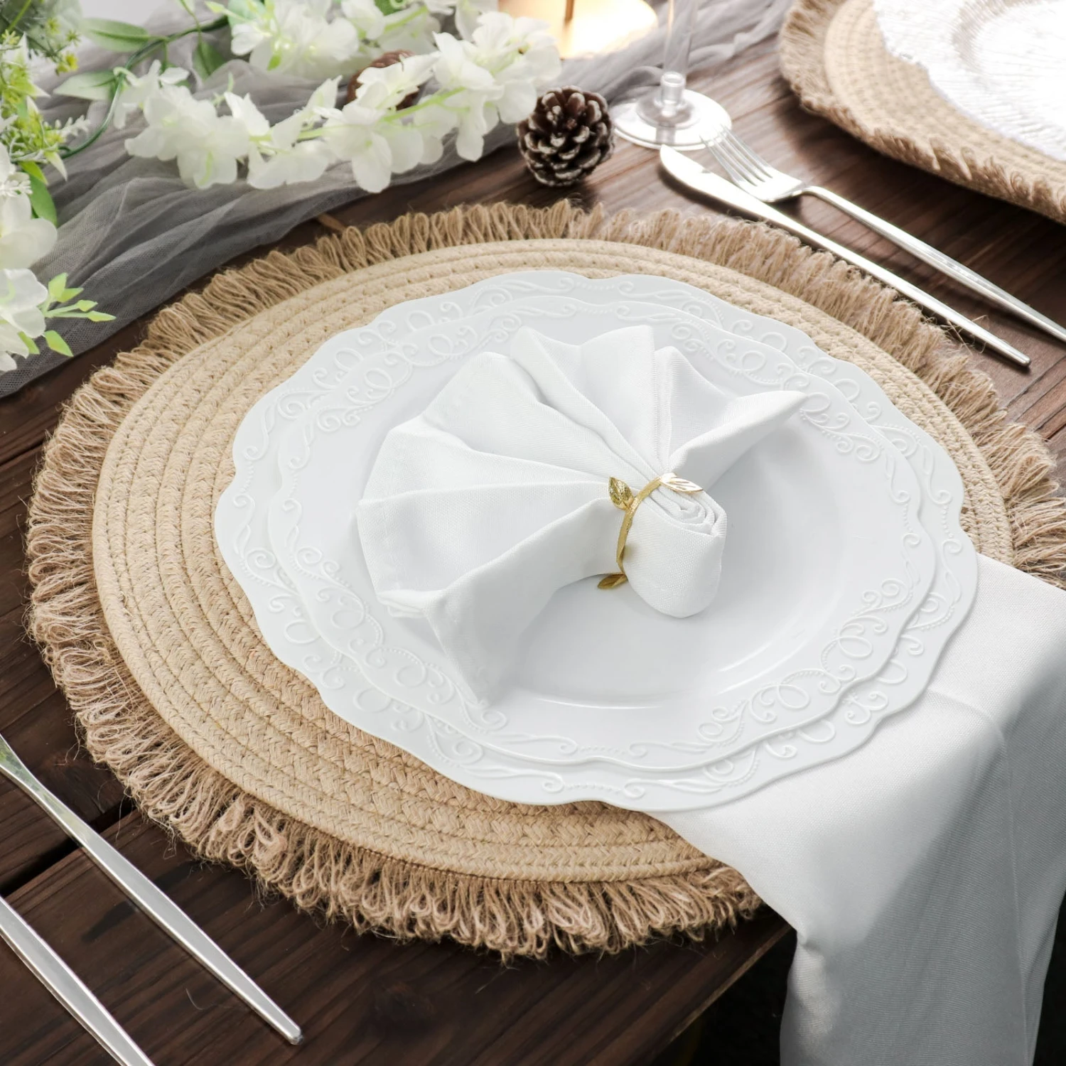 4 Pack Natural Rustic Burlap Jute Placemats Fringed Edges, Farmhouse Placemats With Trim 15" Round 14 4 Pack Natural Rustic Burlap Jute Placemats Fringed Edges, Farmhouse Placemats With Trim 15" Round - Image 14
