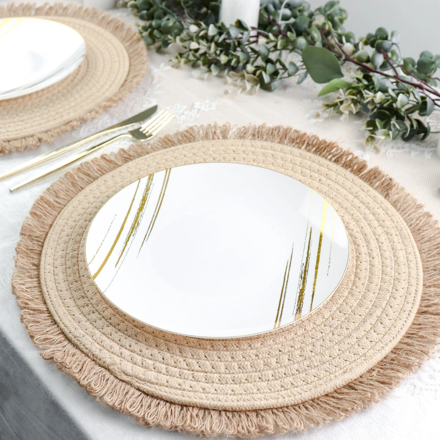 4 Pack Natural Rustic Burlap Jute Placemats Fringed Edges, Farmhouse Placemats With Trim 15" Round 15 4 Pack Natural Rustic Burlap Jute Placemats Fringed Edges, Farmhouse Placemats With Trim 15" Round - Image 15