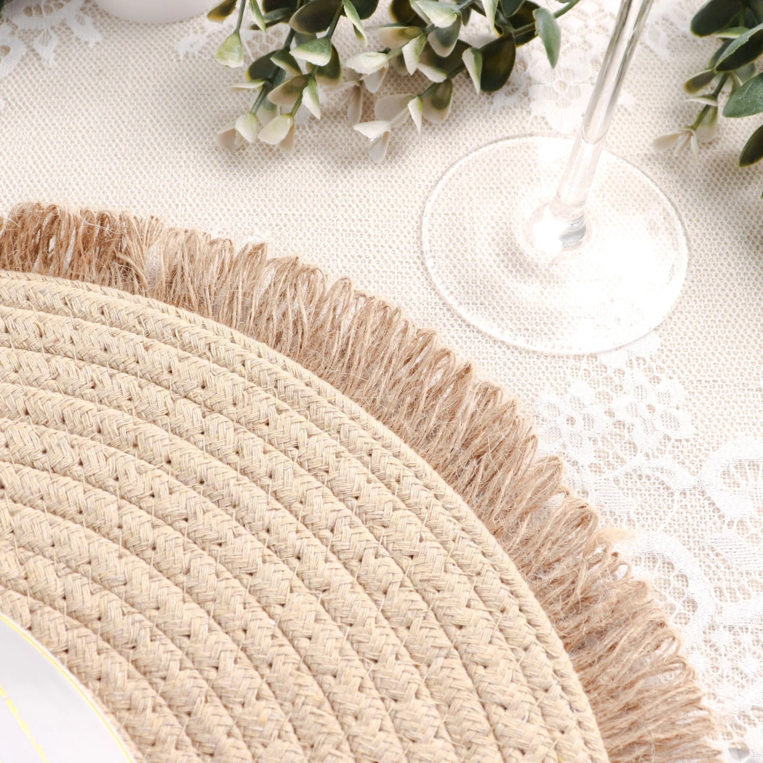 4 Pack Natural Rustic Burlap Jute Placemats Fringed Edges, Farmhouse Placemats With Trim 15" Round 16 4 Pack Natural Rustic Burlap Jute Placemats Fringed Edges, Farmhouse Placemats With Trim 15" Round - Image 16