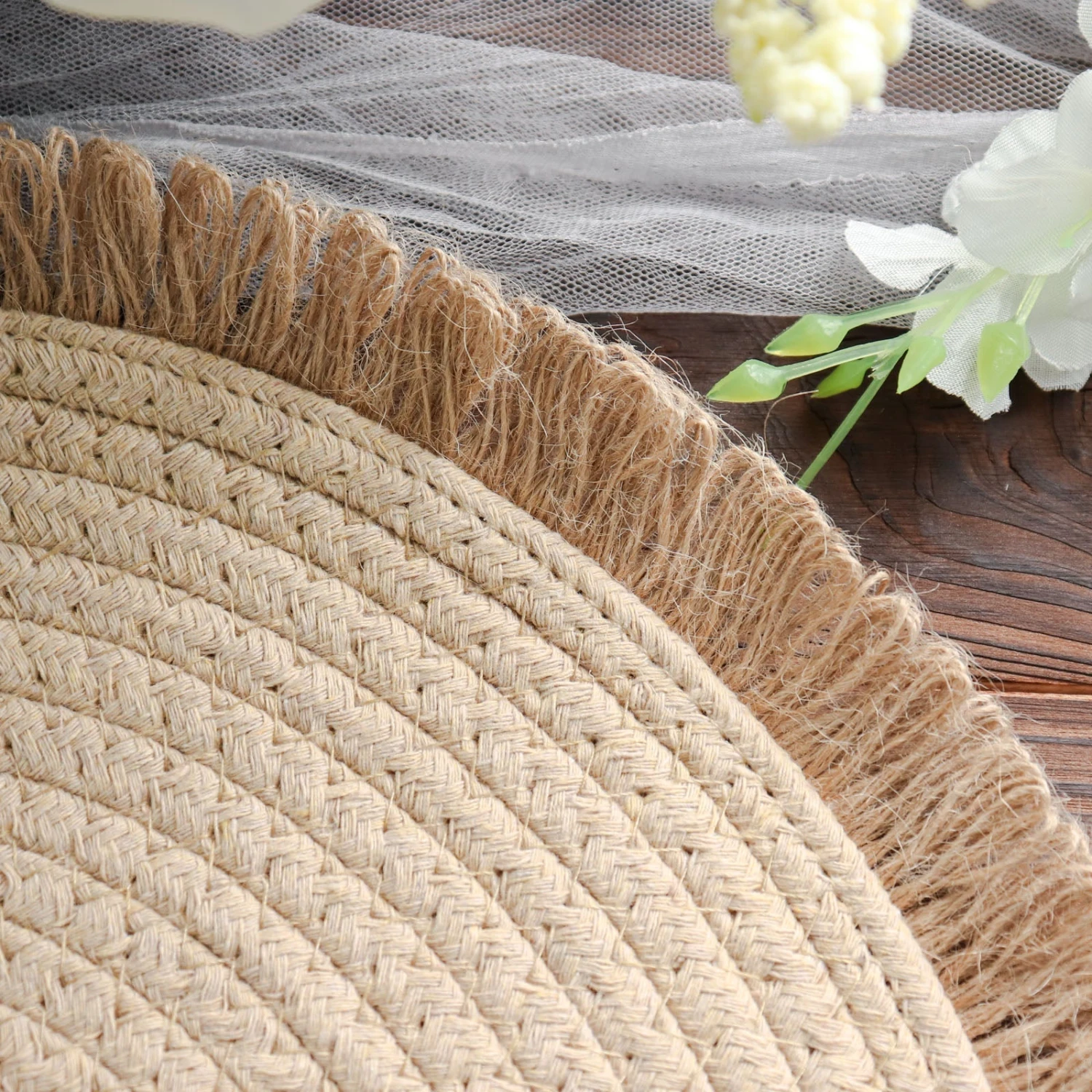 4 Pack Natural Rustic Burlap Jute Placemats Fringed Edges, Farmhouse Placemats With Trim 15" Round 8 4 Pack Natural Rustic Burlap Jute Placemats Fringed Edges, Farmhouse Placemats With Trim 15" Round - Image 8
