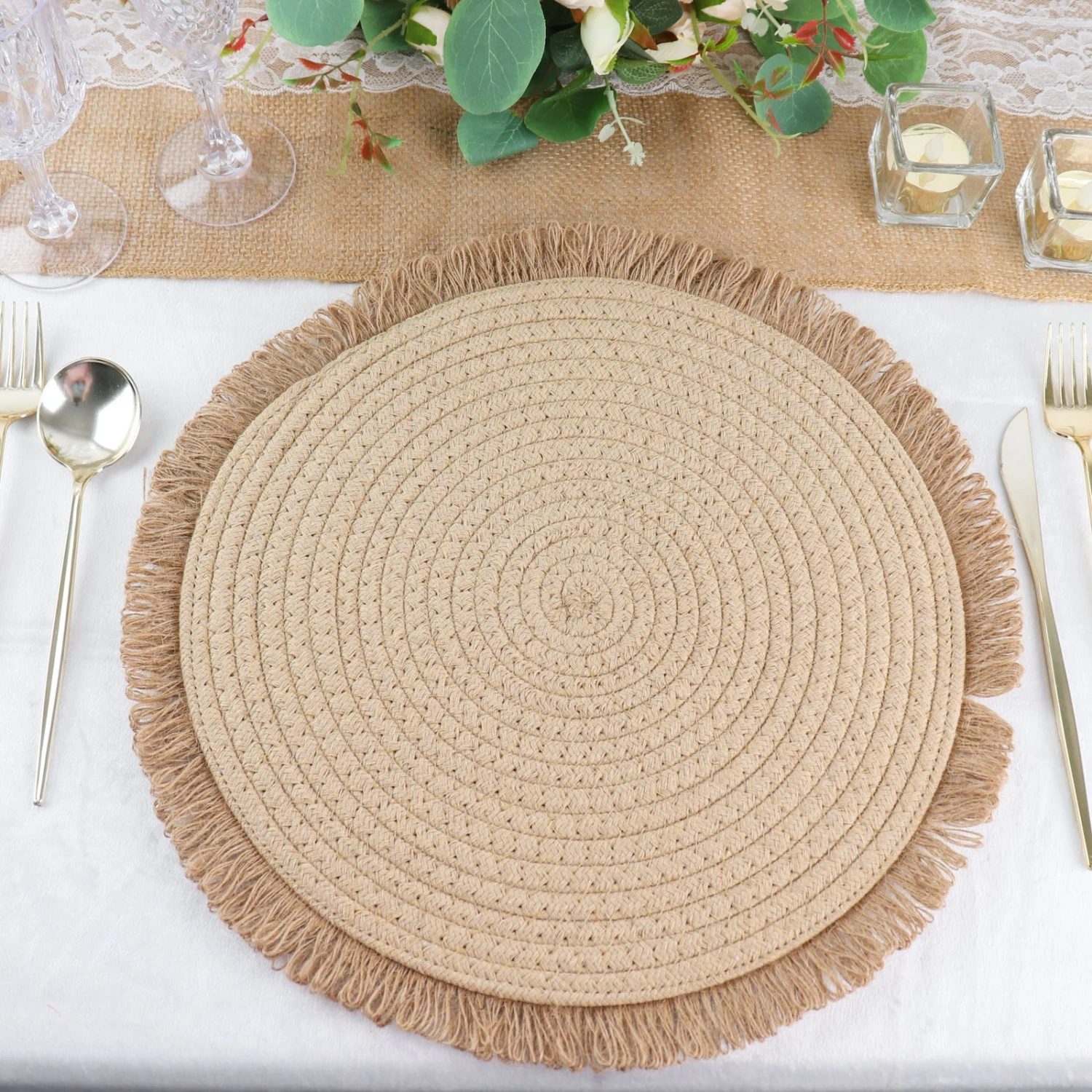 4 Pack Natural Rustic Burlap Jute Placemats Fringed Edges, Farmhouse Placemats With Trim 15" Round 7 4 Pack Natural Rustic Burlap Jute Placemats Fringed Edges, Farmhouse Placemats With Trim 15" Round - Image 7