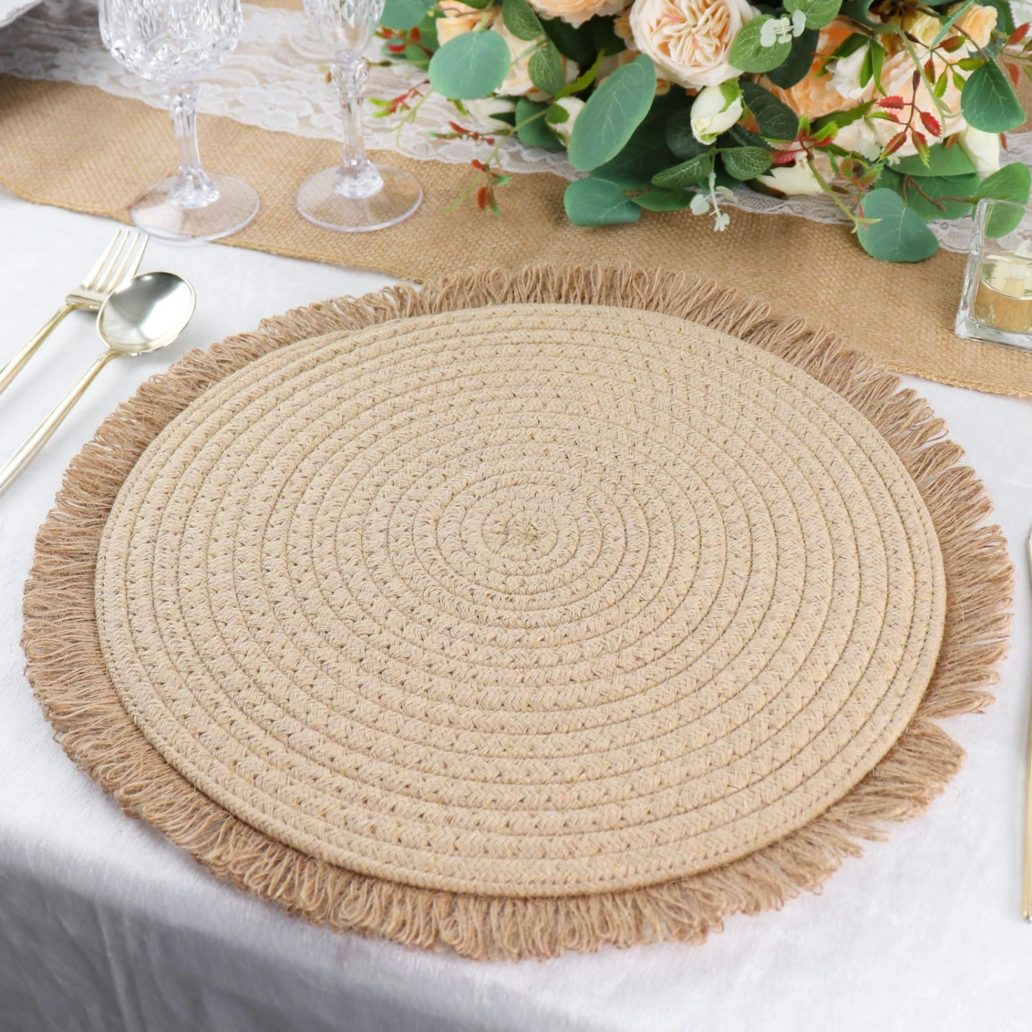 4 Pack Natural Rustic Burlap Jute Placemats Fringed Edges, Farmhouse Placemats With Trim 15" Round 9 4 Pack Natural Rustic Burlap Jute Placemats Fringed Edges, Farmhouse Placemats With Trim 15" Round - Image 9