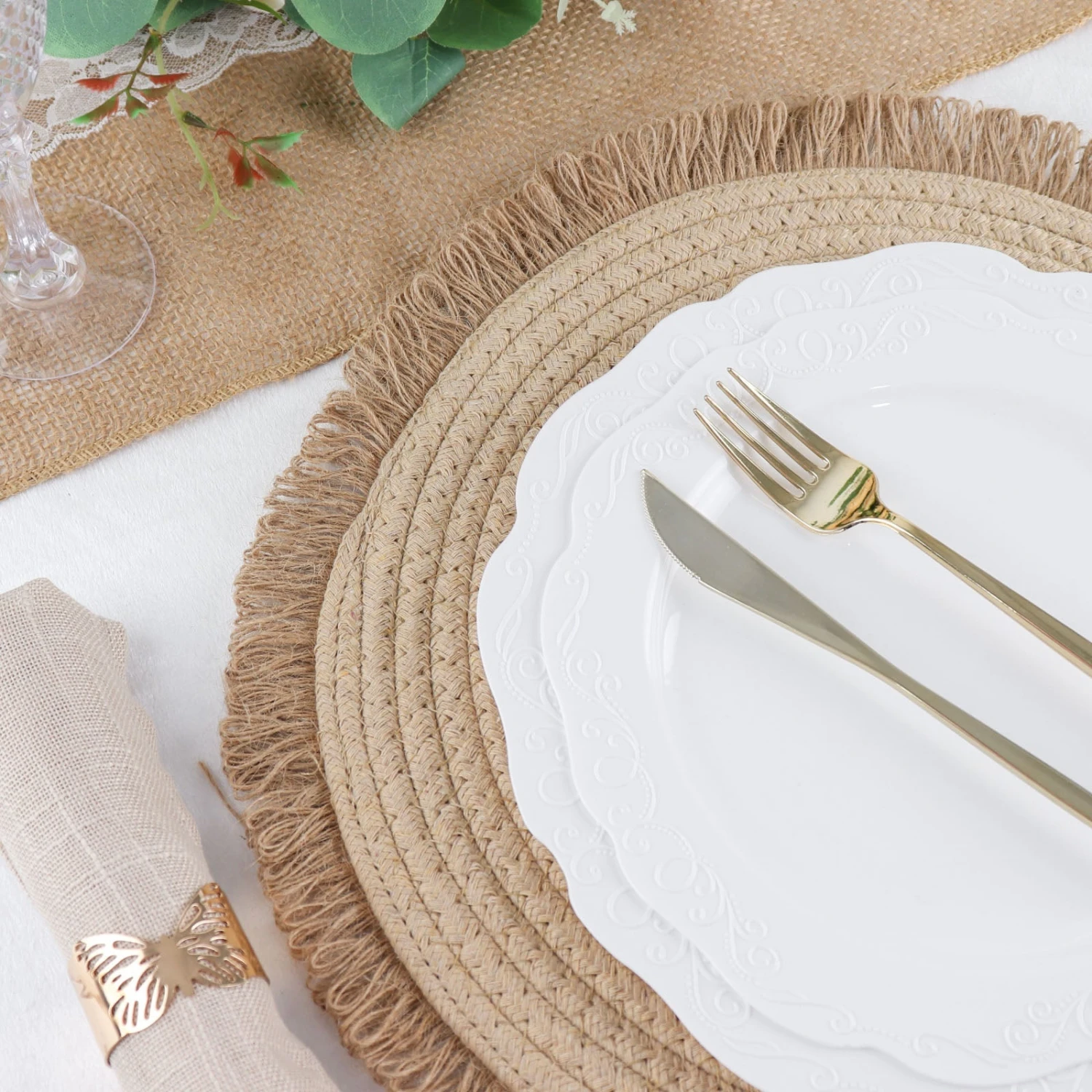4 Pack Natural Rustic Burlap Jute Placemats Fringed Edges, Farmhouse Placemats With Trim 15" Round 17 4 Pack Natural Rustic Burlap Jute Placemats Fringed Edges, Farmhouse Placemats With Trim 15" Round - Image 17