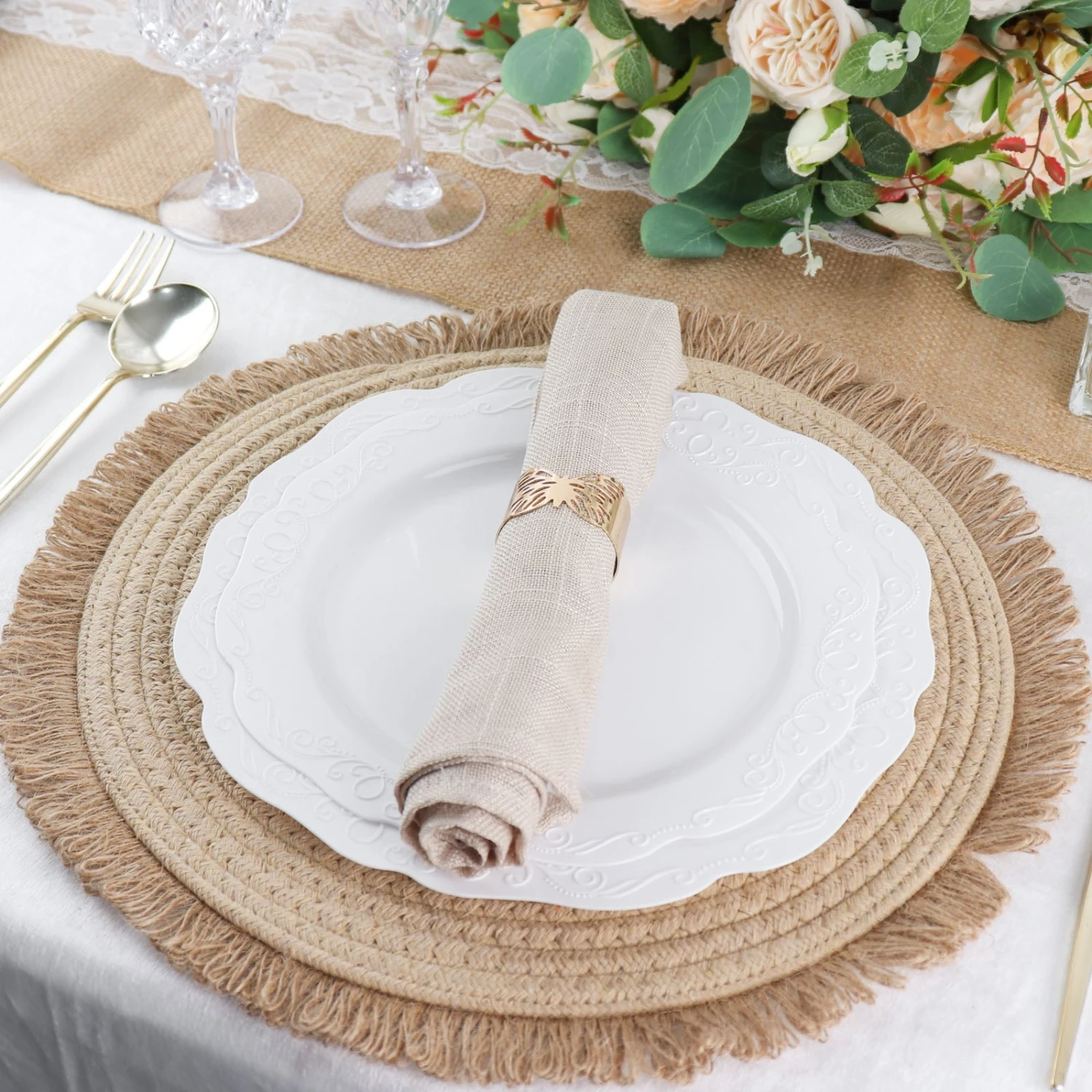 4 Pack Natural Rustic Burlap Jute Placemats Fringed Edges, Farmhouse Placemats With Trim 15" Round 6 4 Pack Natural Rustic Burlap Jute Placemats Fringed Edges, Farmhouse Placemats With Trim 15" Round - Image 6