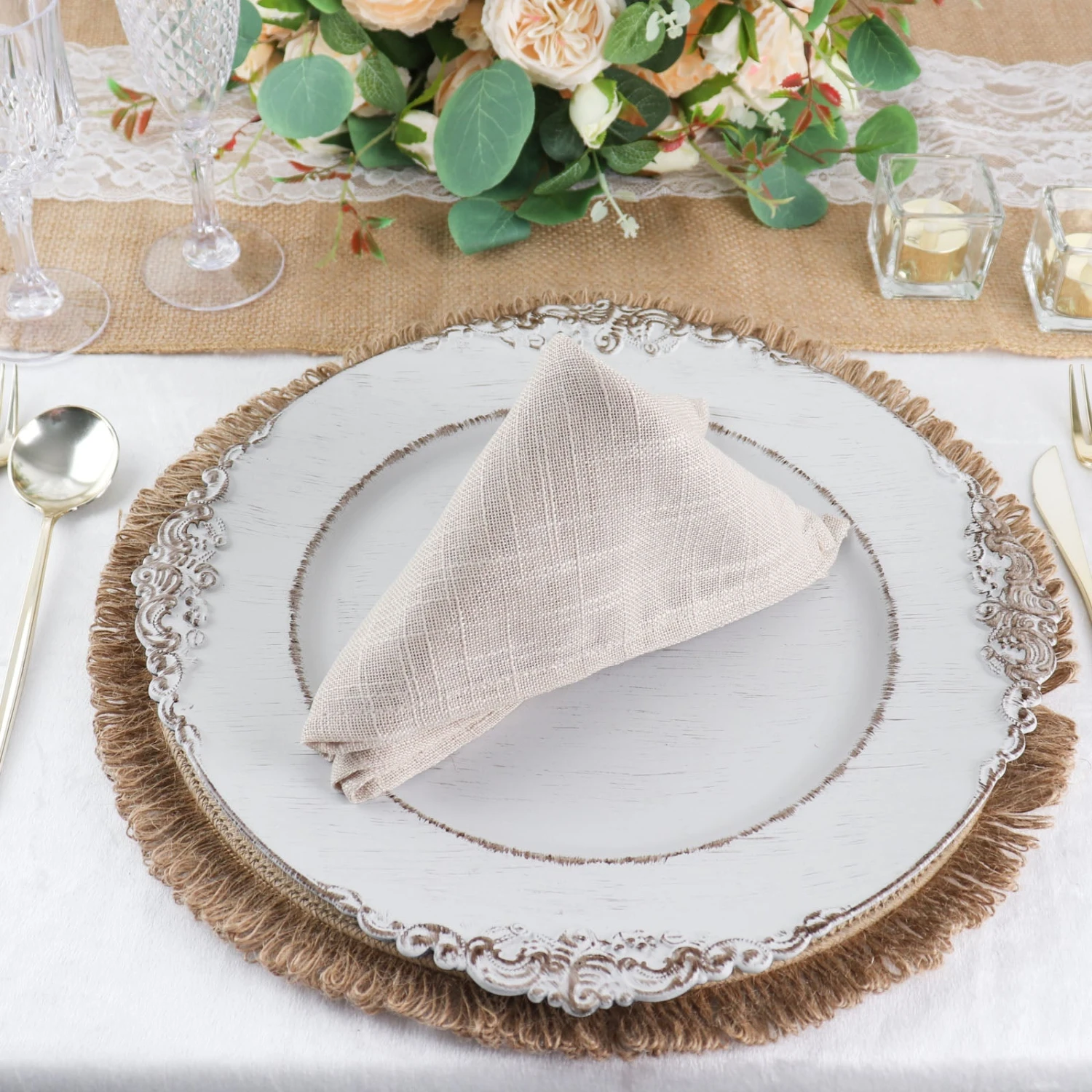 4 Pack Natural Rustic Burlap Jute Placemats Fringed Edges, Farmhouse Placemats With Trim 15" Round 5 4 Pack Natural Rustic Burlap Jute Placemats Fringed Edges, Farmhouse Placemats With Trim 15" Round - Image 5
