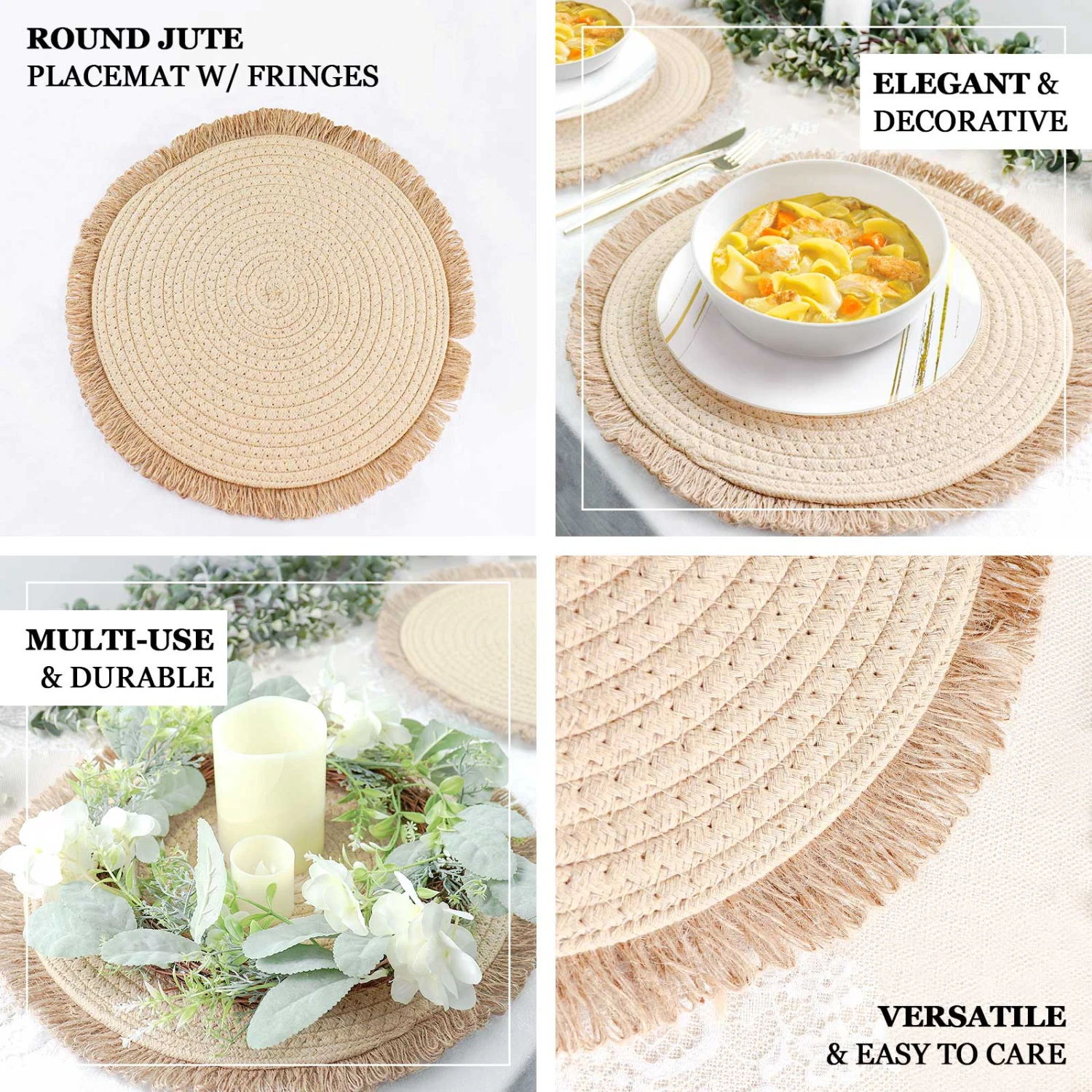 4 Pack Natural Rustic Burlap Jute Placemats Fringed Edges, Farmhouse Placemats With Trim 15" Round 2 4 Pack Natural Rustic Burlap Jute Placemats Fringed Edges, Farmhouse Placemats With Trim 15" Round - Image 2