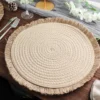 4 Pack Natural Rustic Burlap Jute Placemats Fringed Edges, Farmhouse Placemats With Trim 15" Round
