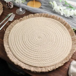 4 Pack Natural Rustic Burlap Jute Placemats Fringed Edges, Farmhouse Placemats With Trim 15" Round