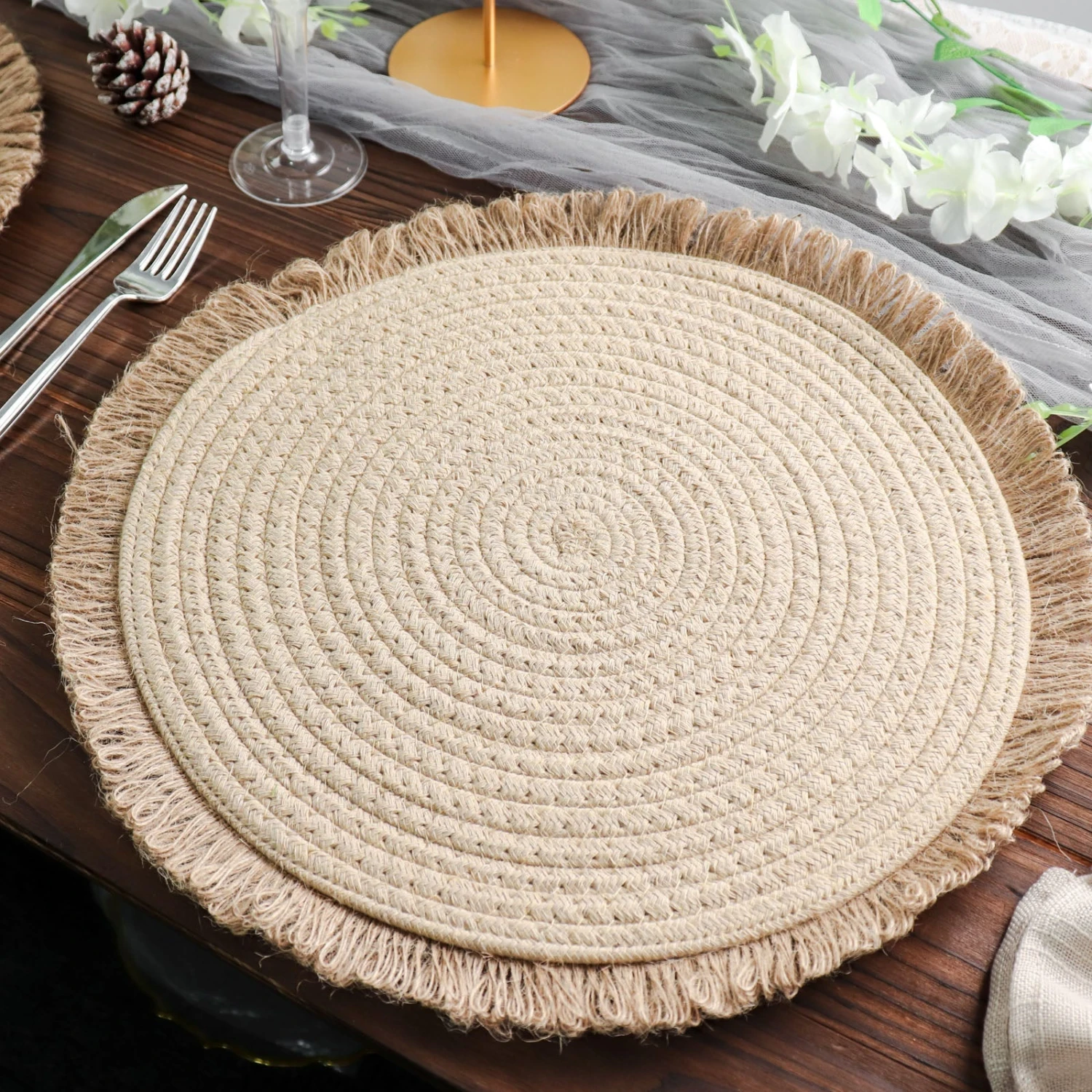 4 Pack Natural Rustic Burlap Jute Placemats Fringed Edges, Farmhouse Placemats With Trim 15" Round 1 4 Pack Natural Rustic Burlap Jute Placemats Fringed Edges, Farmhouse Placemats With Trim 15" Round