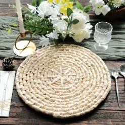 4 Pack Natural Corn Husk Round Woven Placemats, Braided Rustic Rattan Tablemats 15"