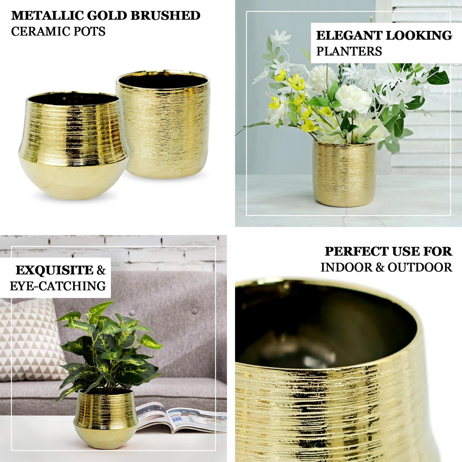 2 Pack Gold Textured Round Ceramic Flower Plant Pots, Cylindrical Bell Shaped Metallic Gold Brushed Planter Pot 6" 2 2 Pack Gold Textured Round Ceramic Flower Plant Pots, Cylindrical Bell Shaped Metallic Gold Brushed Planter Pot 6" - Image 2