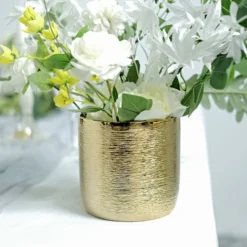 2 Pack Gold Textured Round Ceramic Flower Plant Pots, Cylindrical Metallic Gold Brushed Indoor Planter Pot 5" -Home Decor Promotional Store PLNT CERM 002 M GOLD D05