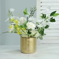2 Pack Gold Textured Round Ceramic Flower Plant Pots, Cylindrical Metallic Gold Brushed Indoor Planter Pot 5"
