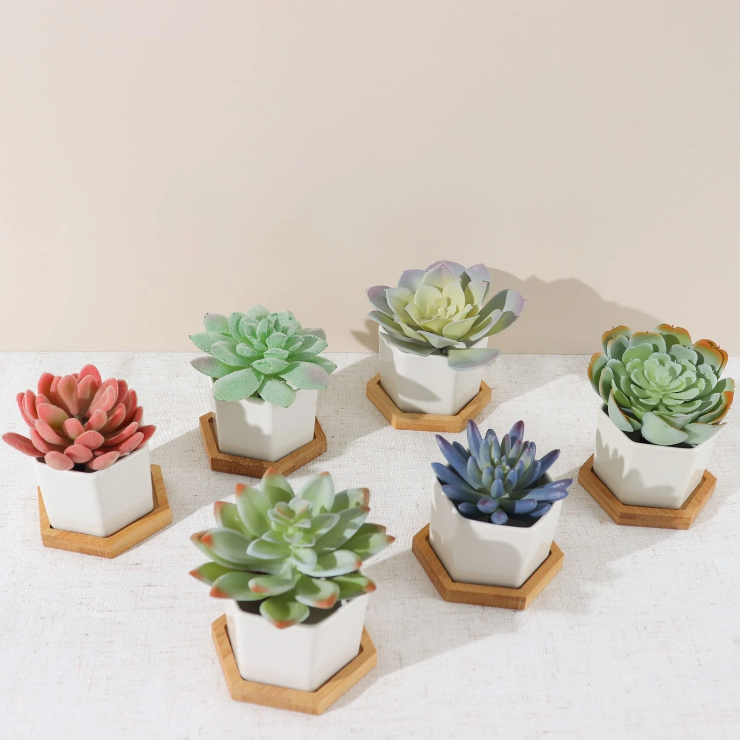 6 Pack | 3" White Geometric Hexagon Ceramic Planter Pots, Bamboo Tray Base W/ Drainage Hole, Cactus & Succulent Planters With Removable Bottom 4 6 Pack | 3" White Geometric Hexagon Ceramic Planter Pots, Bamboo Tray Base W/ Drainage Hole, Cactus & Succulent Planters With Removable Bottom - Image 4