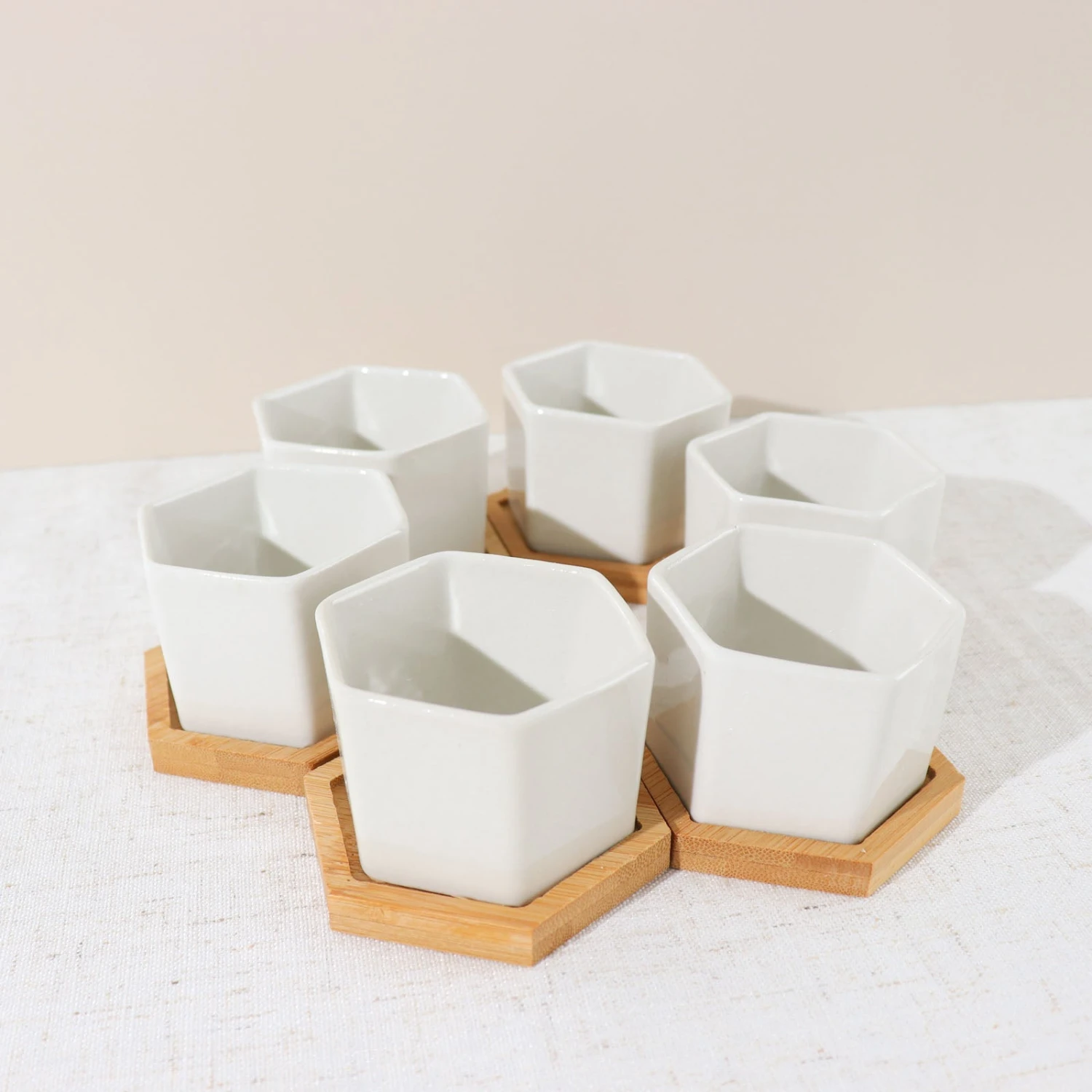 6 Pack | 3" White Geometric Hexagon Ceramic Planter Pots, Bamboo Tray Base W/ Drainage Hole, Cactus & Succulent Planters With Removable Bottom 6 6 Pack | 3" White Geometric Hexagon Ceramic Planter Pots, Bamboo Tray Base W/ Drainage Hole, Cactus & Succulent Planters With Removable Bottom - Image 6