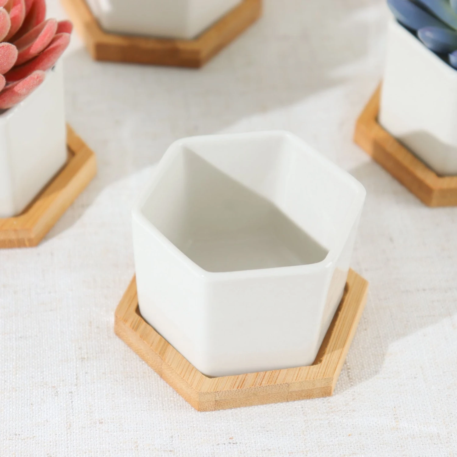 6 Pack | 3" White Geometric Hexagon Ceramic Planter Pots, Bamboo Tray Base W/ Drainage Hole, Cactus & Succulent Planters With Removable Bottom 13 6 Pack | 3" White Geometric Hexagon Ceramic Planter Pots, Bamboo Tray Base W/ Drainage Hole, Cactus & Succulent Planters With Removable Bottom - Image 13