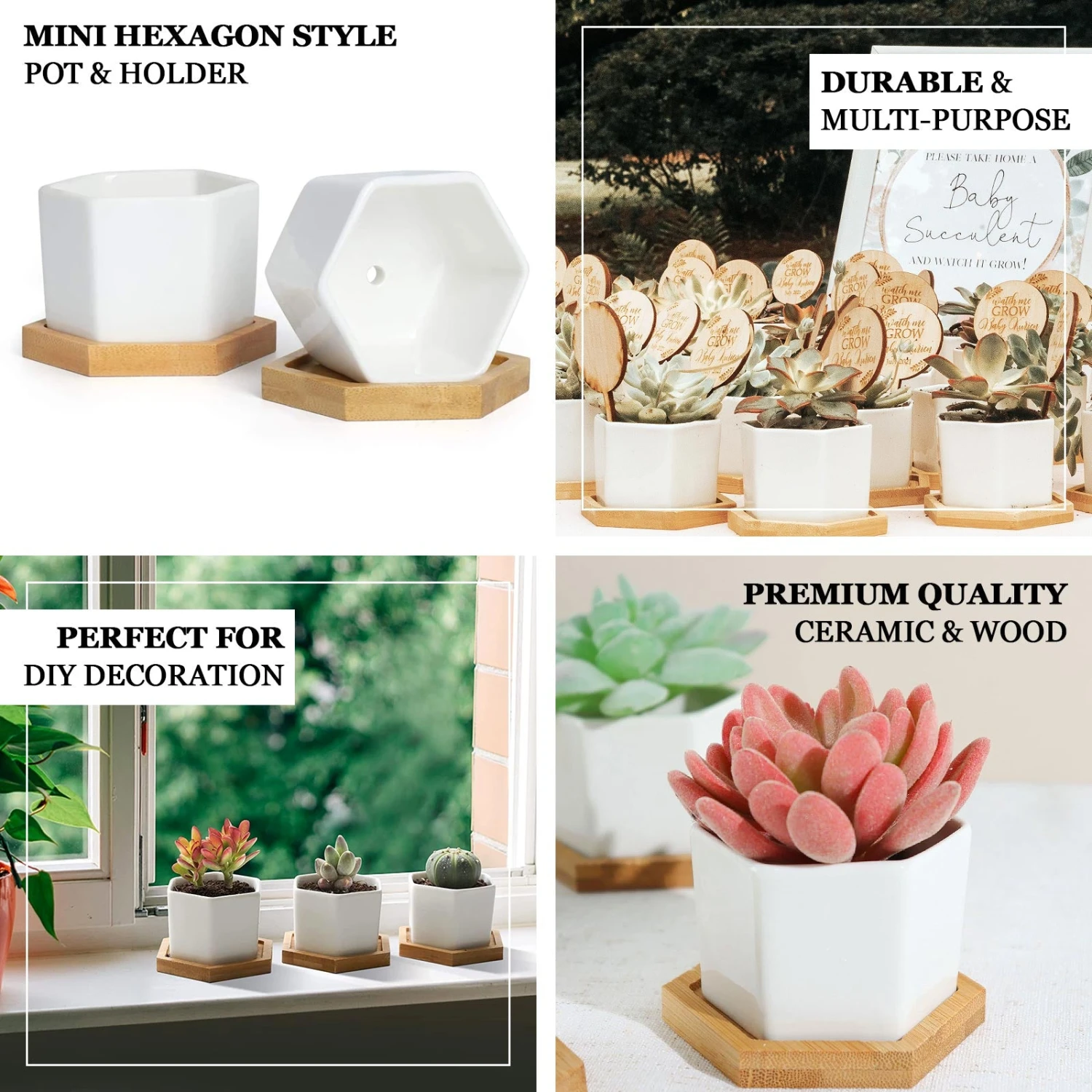 6 Pack | 3" White Geometric Hexagon Ceramic Planter Pots, Bamboo Tray Base W/ Drainage Hole, Cactus & Succulent Planters With Removable Bottom 2 6 Pack | 3" White Geometric Hexagon Ceramic Planter Pots, Bamboo Tray Base W/ Drainage Hole, Cactus & Succulent Planters With Removable Bottom - Image 2