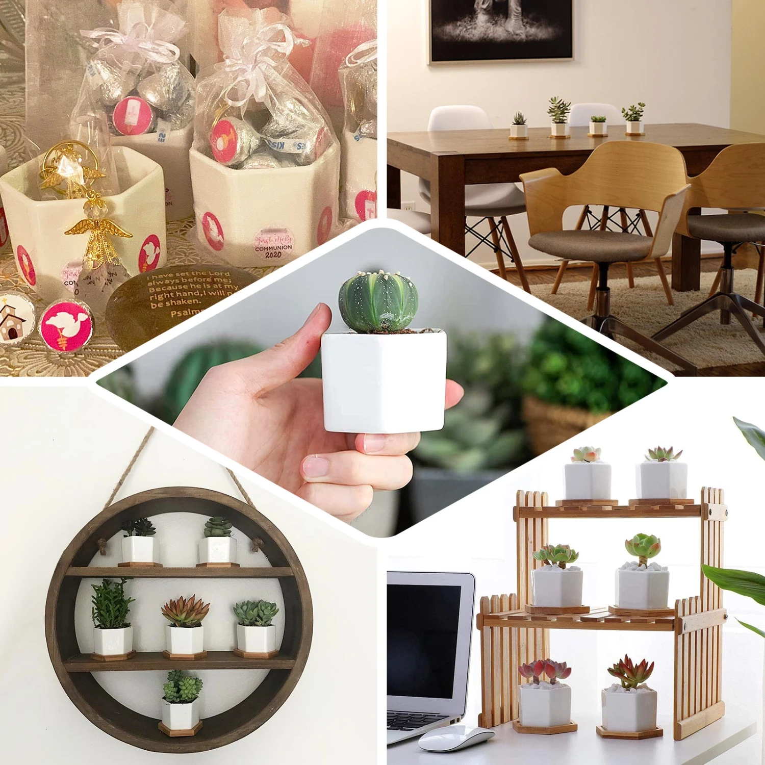 6 Pack | 3" White Geometric Hexagon Ceramic Planter Pots, Bamboo Tray Base W/ Drainage Hole, Cactus & Succulent Planters With Removable Bottom 3 6 Pack | 3" White Geometric Hexagon Ceramic Planter Pots, Bamboo Tray Base W/ Drainage Hole, Cactus & Succulent Planters With Removable Bottom - Image 3