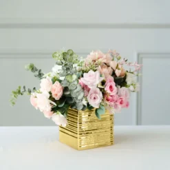 2 Pack | 5" Brush Textured Ceramic Square Flower Plant Box, Cube Shaped Planter Pots -Home Decor Promotional Store PLNT CERM 005 M GOLD D01